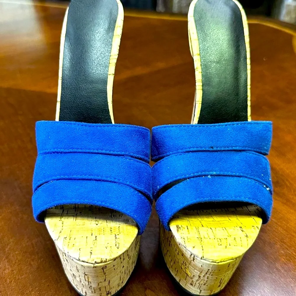 FSJ Blue Suede Cork Platform High Heels